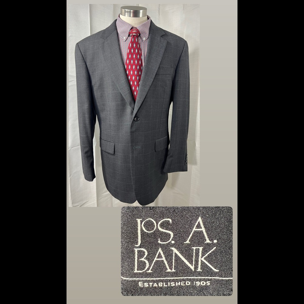 Jos A Bank Men 42R Blazer Sport Coat 100% Charcoal Gray Windowpane Wool 2 Button